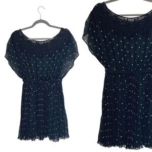 Snidel Black Polka Dot Lace Neck Short Sleeve Pleated Belted Dress Size F OS M
